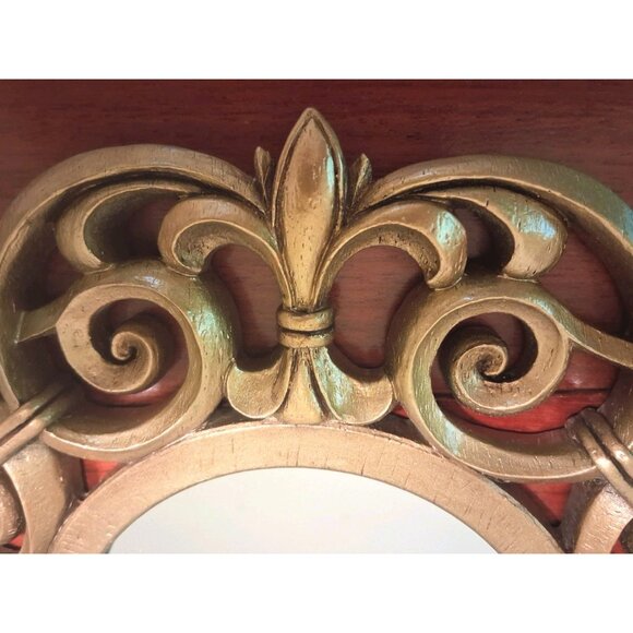 Round Accent Mirror Gold Gilt Ornate Scroll Composite Vintage 10" Hanging - Picture 2 of 5